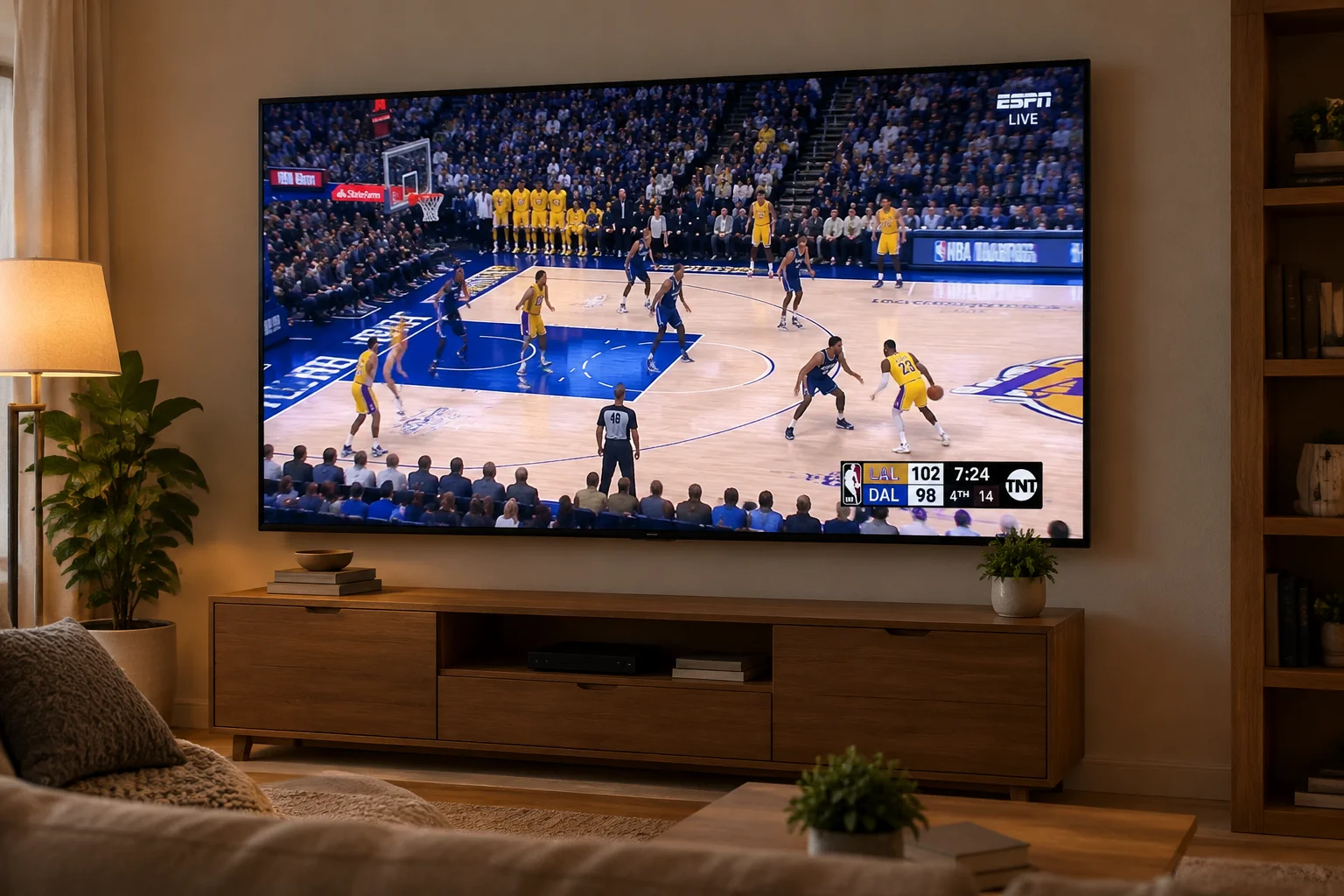 Écran retransmettant en direct un match de basket de niveau mondial