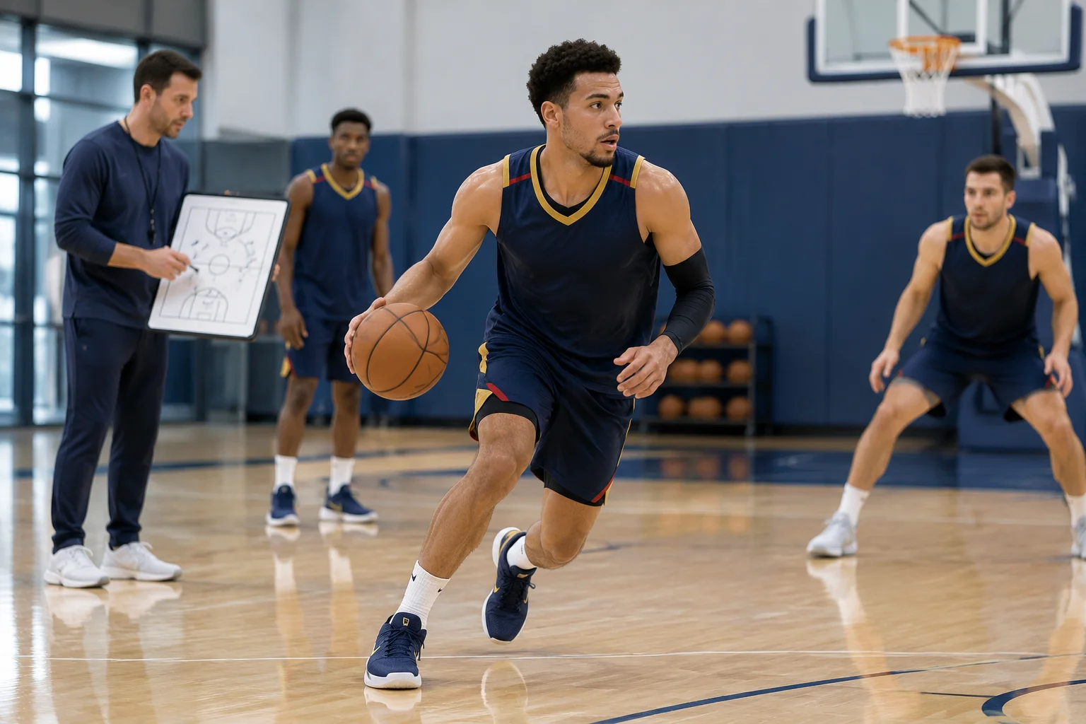 Meneur de jeu en plein travail de dribble et de lecture tactique
