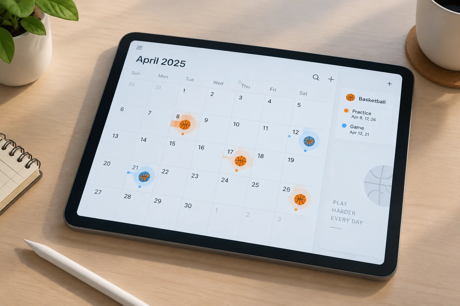 Interface d'agenda numérique affichant des dates sportives