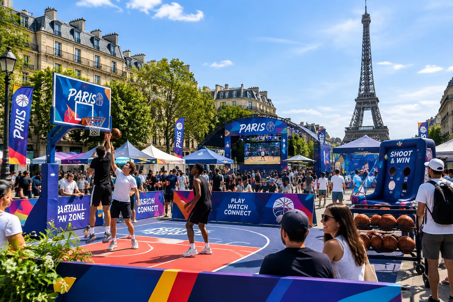 Espace interactif dédié au basket sur une place parisienne