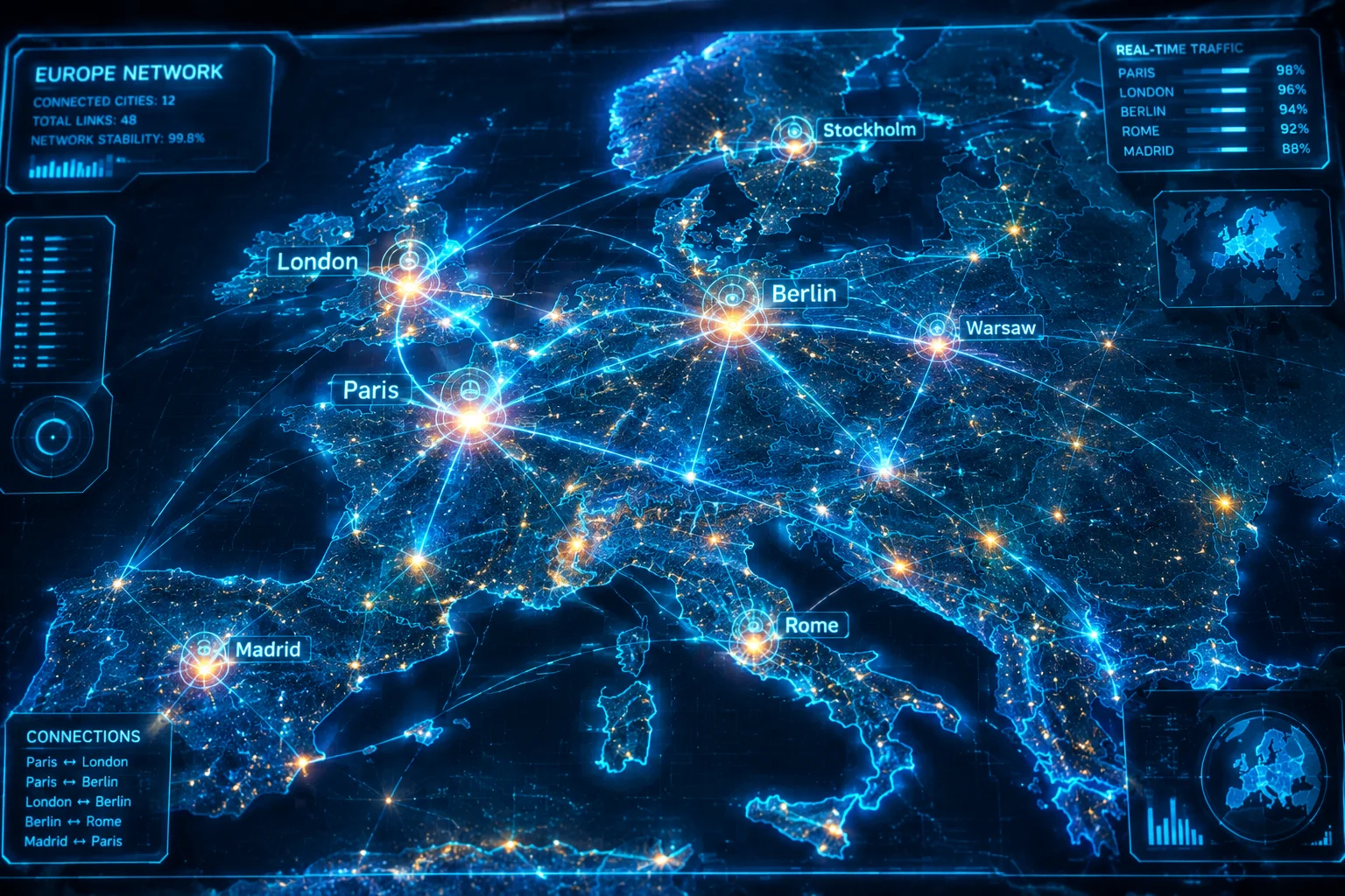 Carte numérique de l'Europe avec réseau de connexions sportives