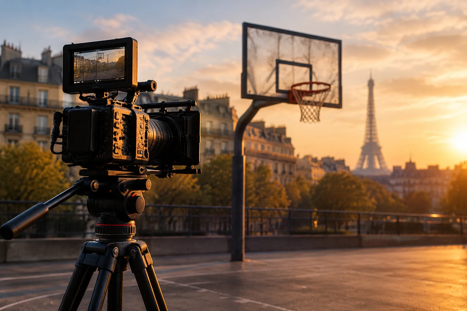 Caméra de tournage cadrant un panier extérieur à Paris