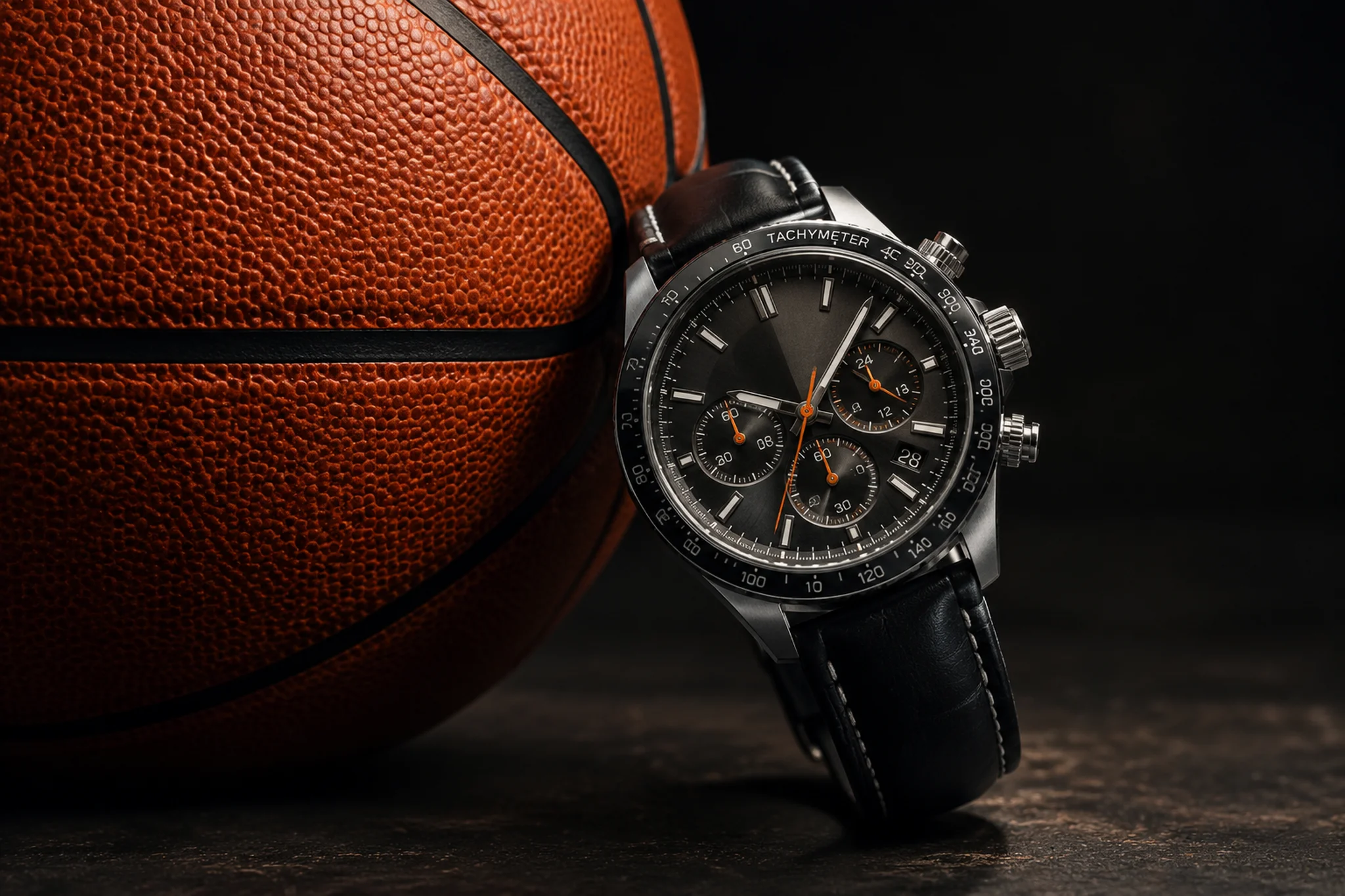 Montre sportive de précision à côté d'un ballon de basket